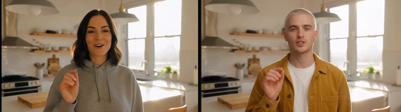 The same kitchen clip before and after Recast: a woman in a grey hoodie on the left, and on the right a man in a mustard corduroy jacket in her place, with the same raised hand, the same framing and the same kitchen