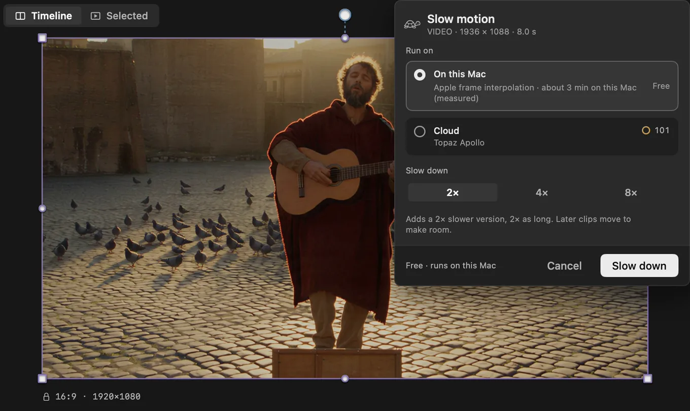 The Slow motion sheet in Cask Film over a shot of a street musician with a guitar, with On this Mac selected, Cloud below it, and 2×, 4× and 8× under Slow down