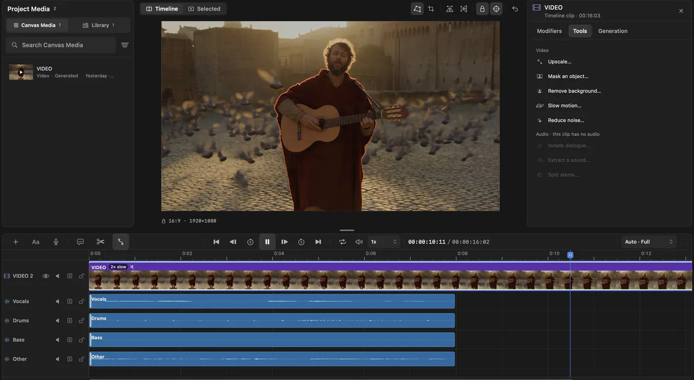 The Cask Film timeline after a 2× slow motion run: the video clip marked 2× slow now runs past 12 seconds while the four audio lanes under it still end at 8 seconds