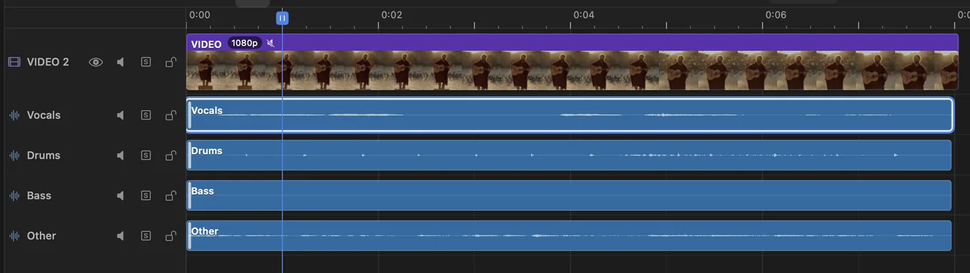 The Cask Film timeline after a split: the video clip on top with its audio muted, and four lanes below it named Vocals, Drums, Bass and Other, each running the full length of the shot