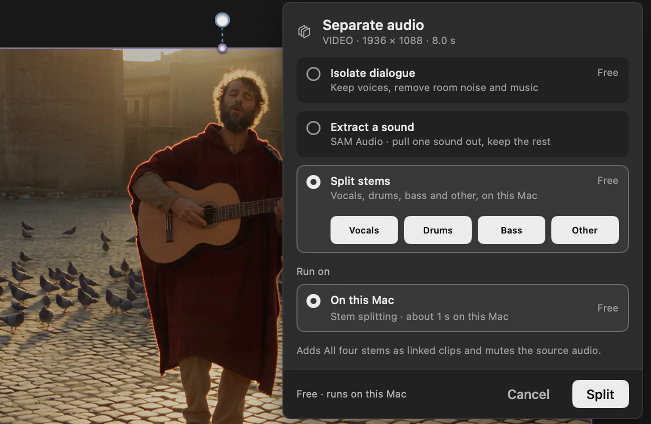 The Separate audio sheet in Cask Film beside a busker playing guitar, with Split stems chosen, the Vocals, Drums, Bass and Other chips all on, and On this Mac marked Free