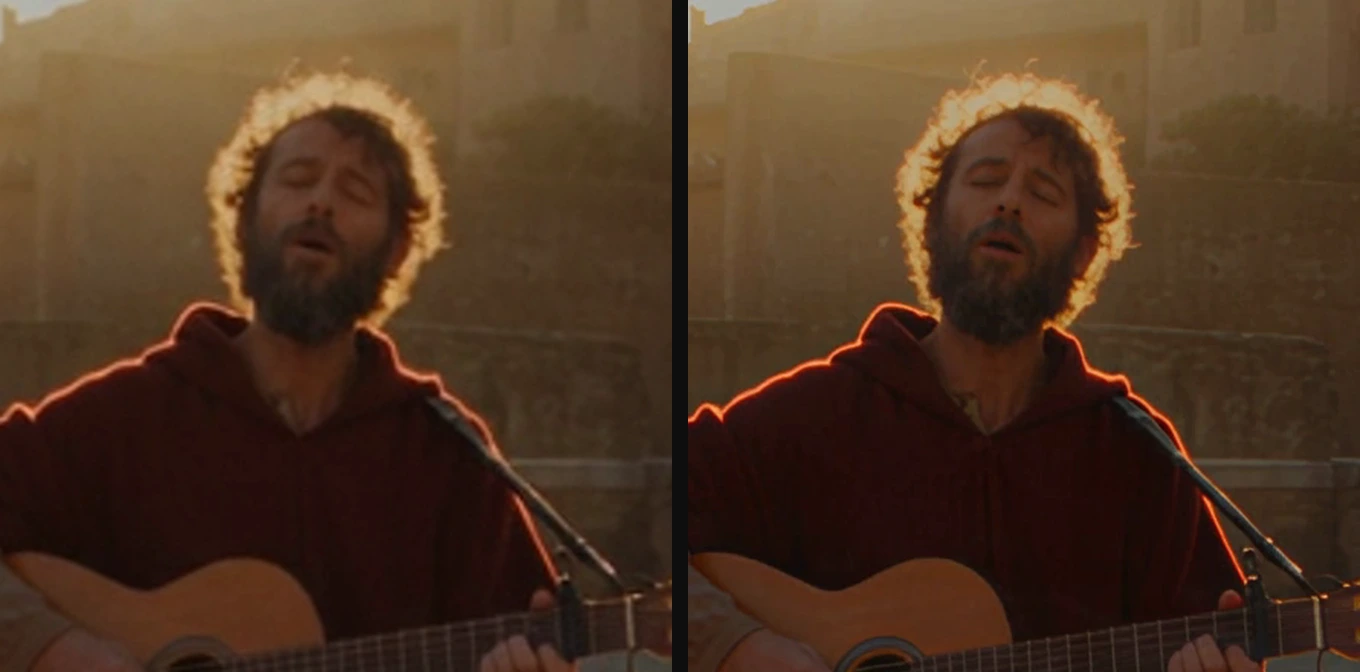 The same frame of a bearded busker singing, cropped to his face: the original 480p shot scaled up on the left, soft in the beard and eyes, and the SeedVR2 upscale on the right, with the beard, eyelids and backlit hair resolved