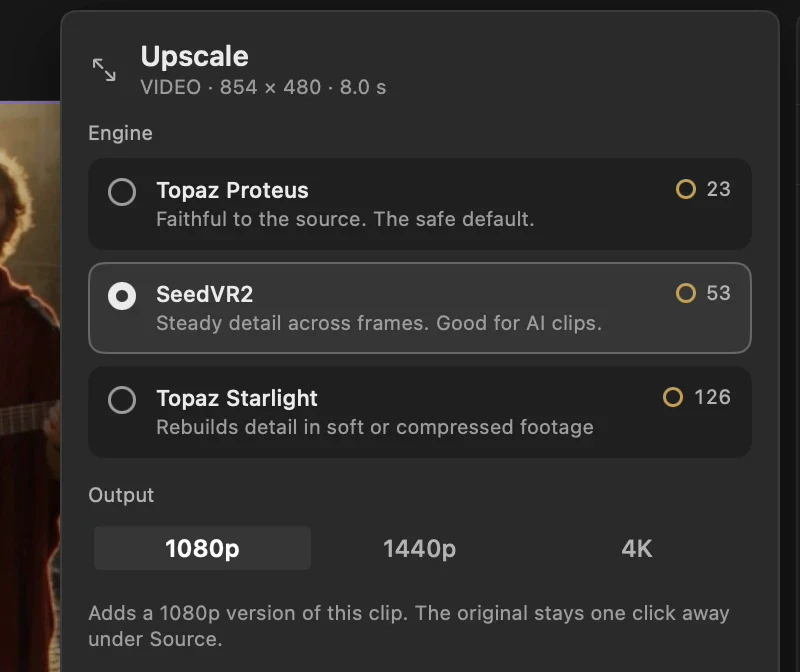 The Upscale sheet in Cask Film for an 854 by 480 clip, with SeedVR2 chosen as the engine and 1080p as the output